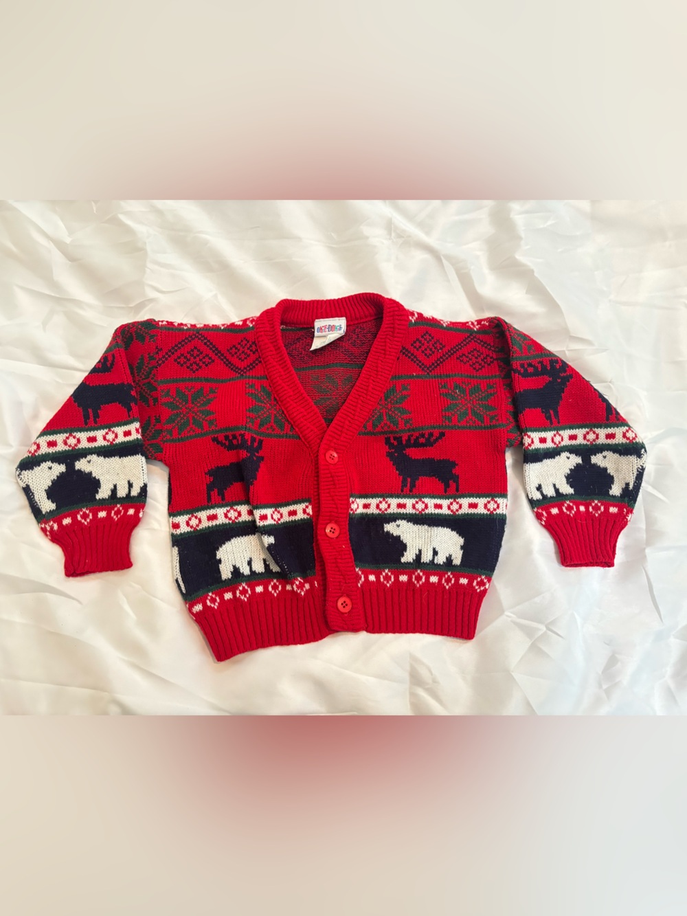 Vintage okie dokie Red and Navy Holiday Knit Cardigan with Animal Motif 3t boy